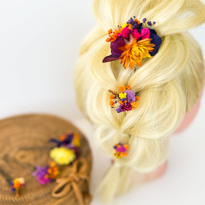 Boho bridal hair pins styled in braided hairstyle, dried flower wedding hair accessories