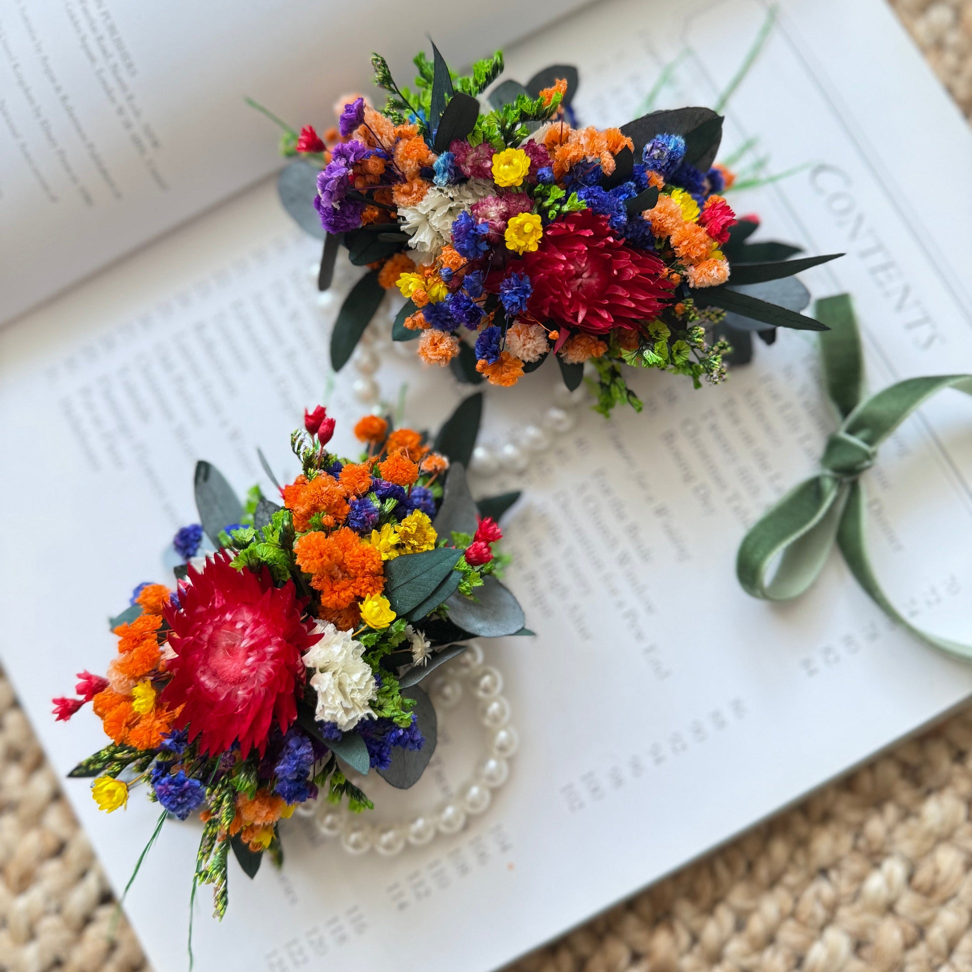 Bright wildflower dried flower corsage with eucalyptus and multicolor blooms, perfect for bridesmaid or rustic wedding look