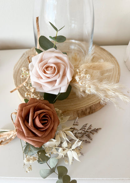 Rustic corsage with brown rose and dried flowers, handmade for weddings and formal events in Australia. Elegant boho floral accessory.