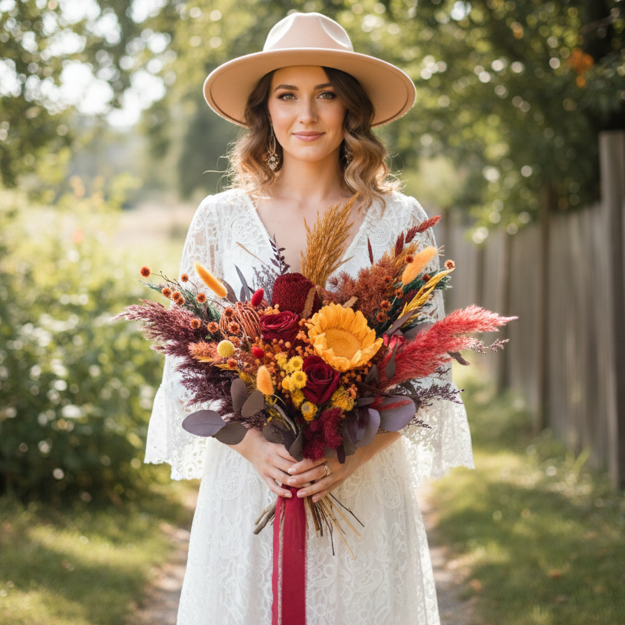 Bride holding a burgundy dried bridal bouquet with sunflower and roses, boho wedding style, Australia
