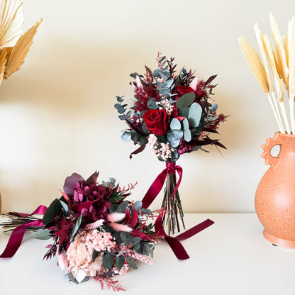 Dried wedding bouquet in burgundy and pink tones 