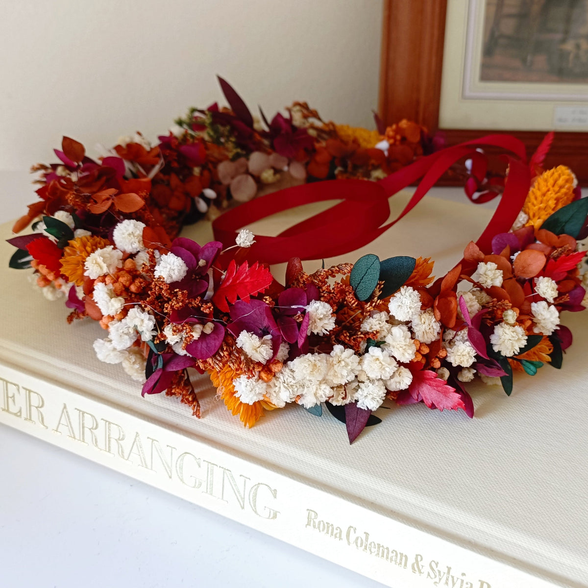 Burgundy and orange dried flower crown with red ribbon ties, handmade rustic wedding hair accessory for bride