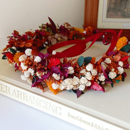 Burgundy and orange dried flower crown with red ribbon ties, handmade rustic wedding hair accessory for bride
