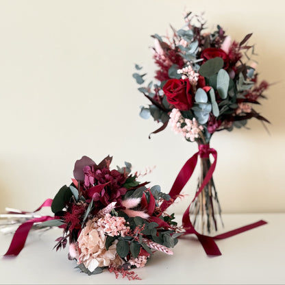 Burgundy dried flower wedding bouquet with matching arrangement, handcrafted preserved florals