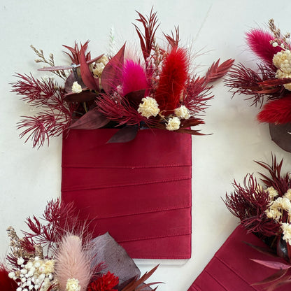 Luxurious burgundy dried floral box with preserved roses and fluffy bunny tails, made in Australia. A long-lasting eco gift for her or for wedding table décor