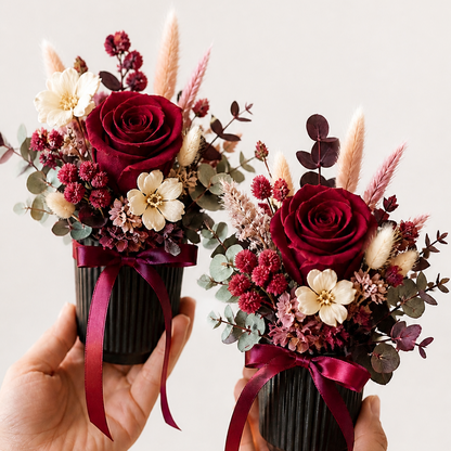 burgundy preserved rose mini pot gift handmade dried flower arrangement in hands