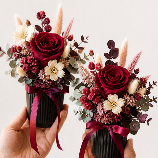 burgundy preserved rose mini pot gift handmade dried flower arrangement in hands