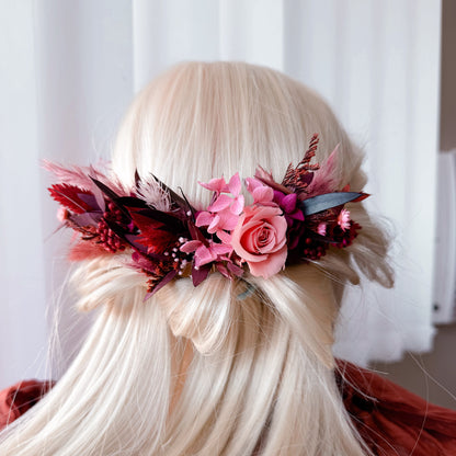 Bridal hair comb with preserved pink rose, burgundy dried flowers, and foliage â€“ romantic wedding hair accessory handmade in Australia
