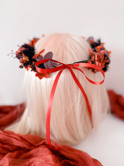 Bohemian wedding hair crown in terracotta and plum tones – handmade dried flower accessory