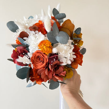 Terracotta and Burnt Orange Dried Bridal Bouquet with Preserved Roses, Eucalyptus and Pampas Grass