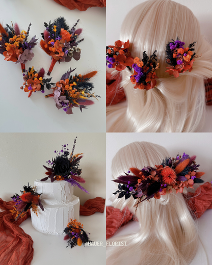 Set of burnt orange and purple dried flower bridal hairpieces styled on blonde hair, ideal for boho, rustic and alternative Australian wedding looks.