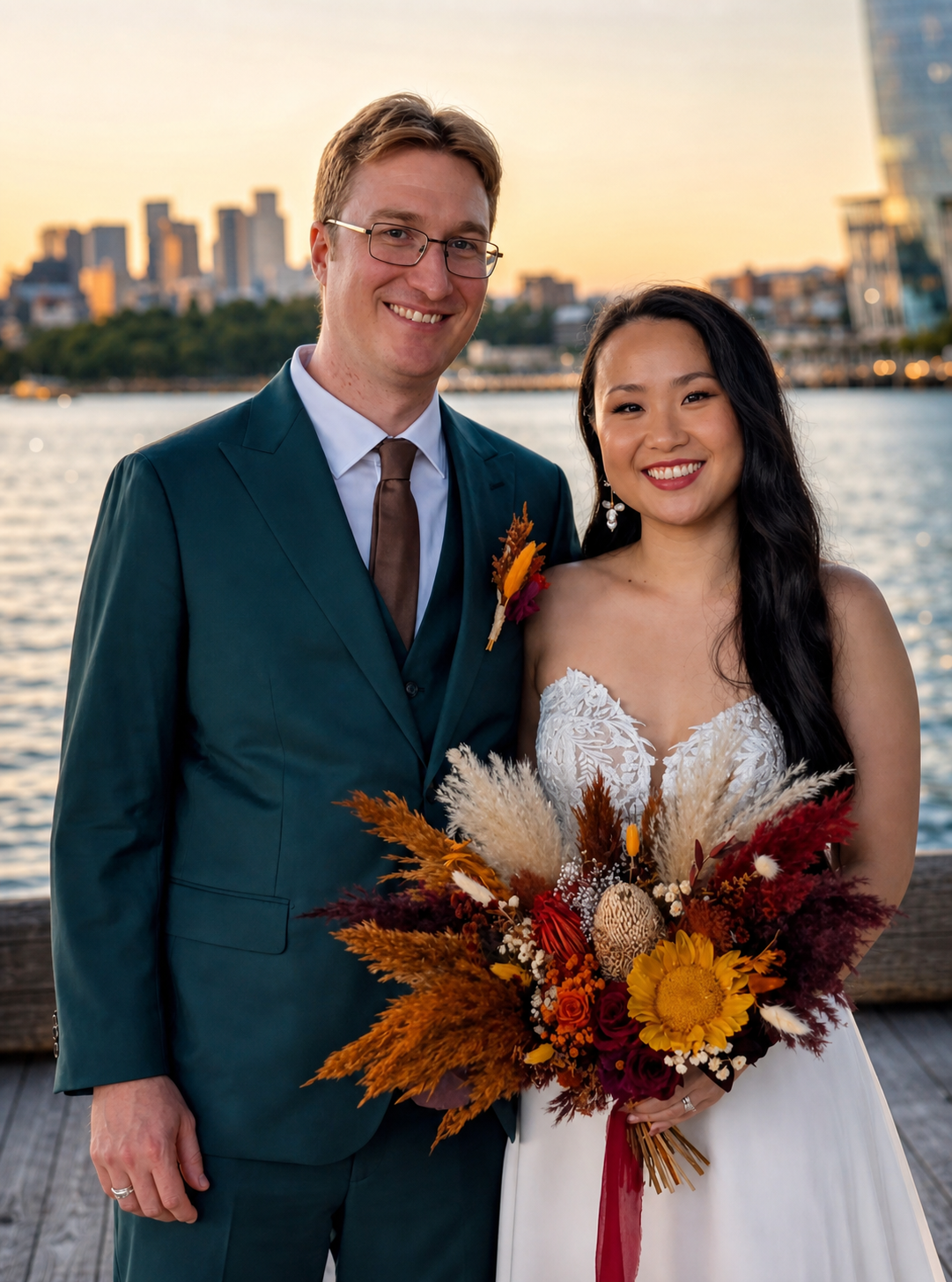 Bride holding a burnt orange sunflower bridal bouquet with pampas grass and preserved flowers