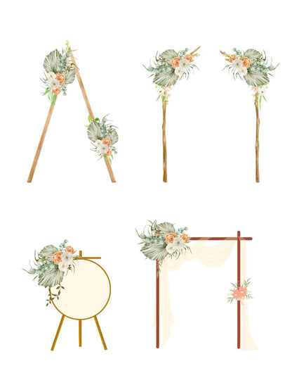 Set of decorative floral arches and stands with flowers