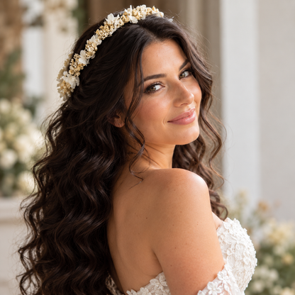 Bride wearing a delicate thin dried flower crown with preserved hydrangea and baby’s breath, lightweight bridal hair accessory