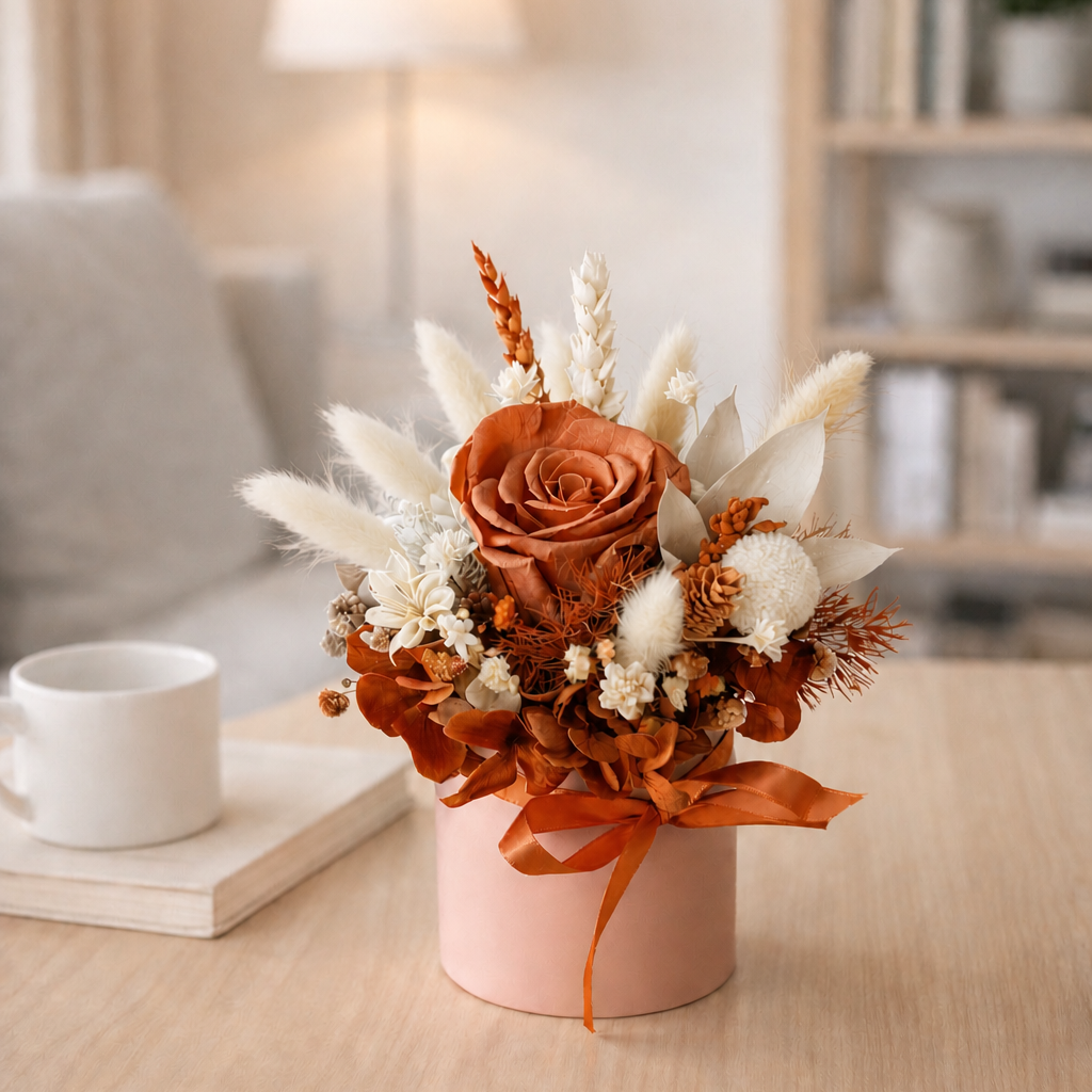 dried flower mini pot with preserved rose on table home decor gift