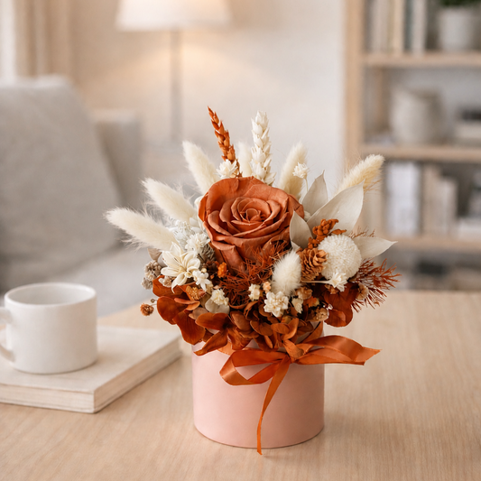 dried flower mini pot with preserved rose on table home decor gift