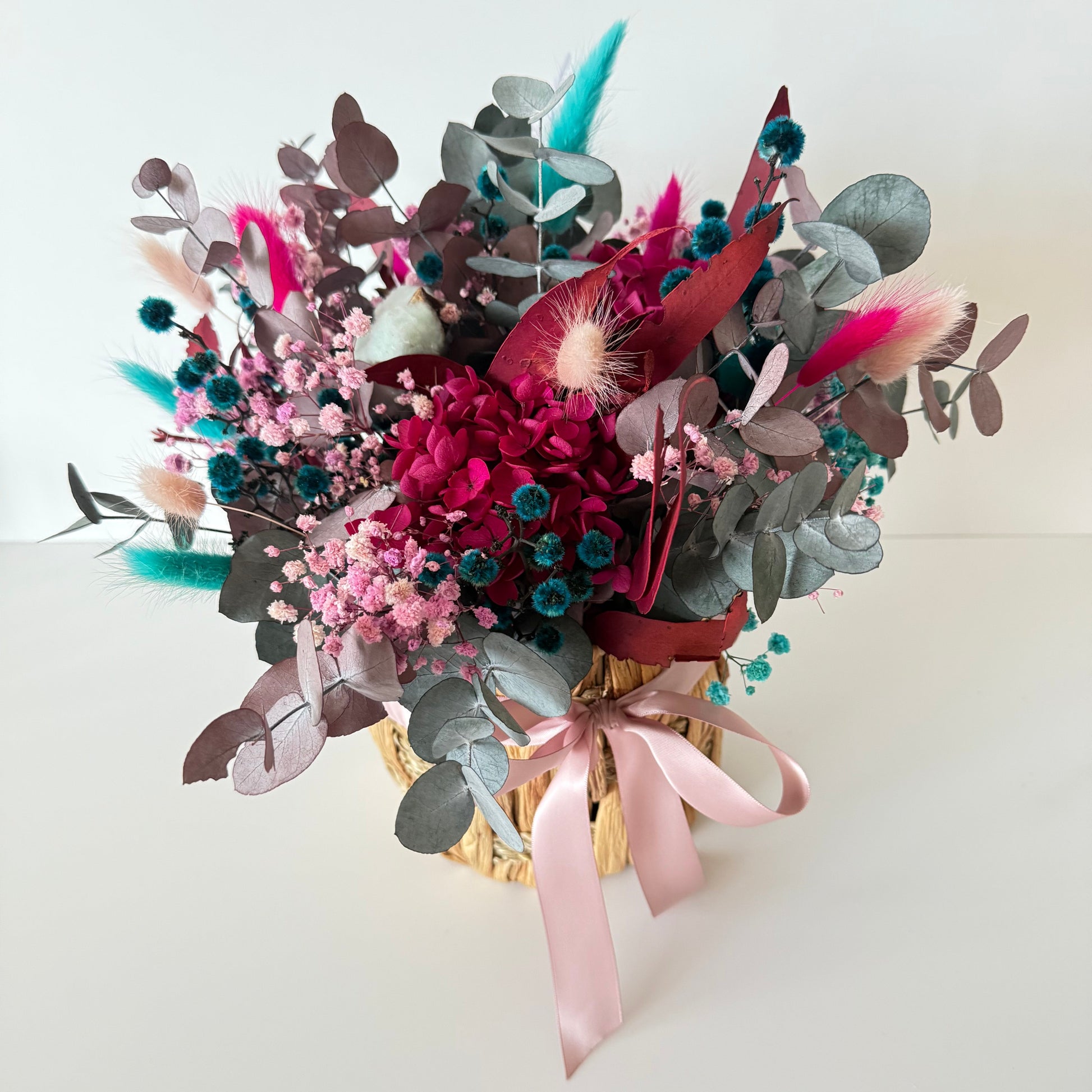 basket of flowers with pink ribbon on a white background