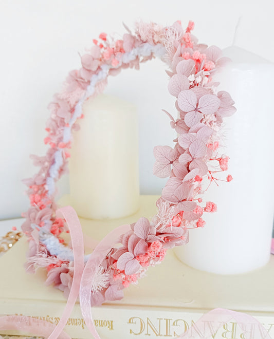 Handmade pink preserved flower crown with hydrangea and baby’s breath, delicate floral headpiece for bride or bridesmaid