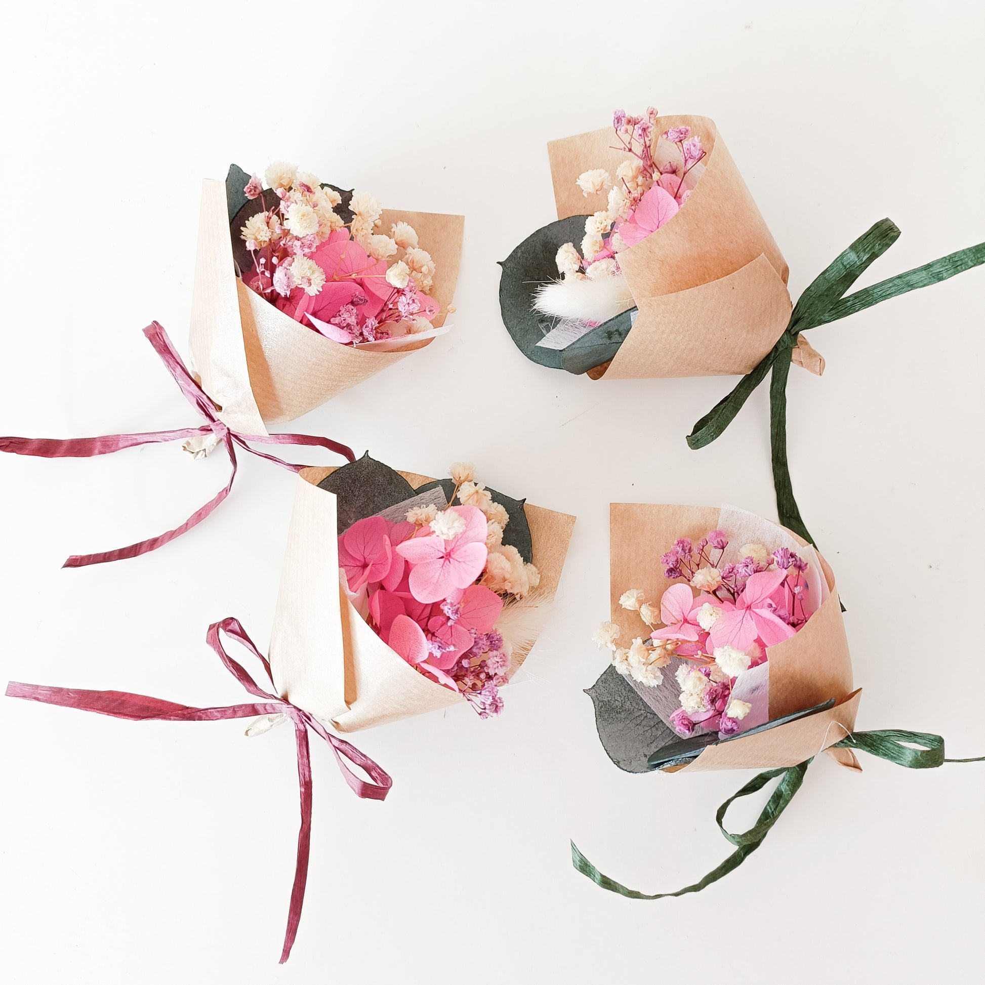 Set of mini dried flower bouquets in pink and ivory hues, Australian handmade gifts for weddings.