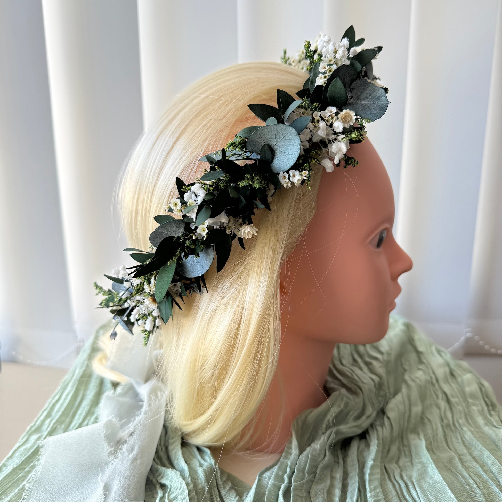 Rustic eucalyptus and white dried flower crown with preserved greenery and silk details. A unique handmade bridal headpiece, ideal for boho, coastal, and rustic weddings in Australia. Perfect hair accessory for brides and bridesmaids, lightweight, elegant, and timeless floral crown for special occasions.