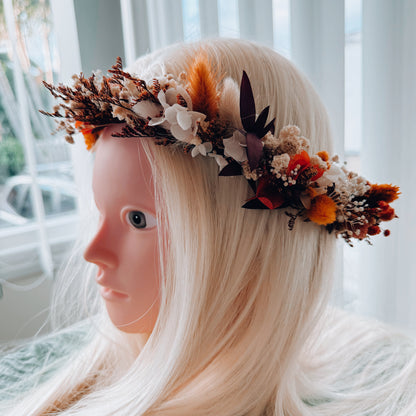 Handmade everlasting flower crown with burgundy tones