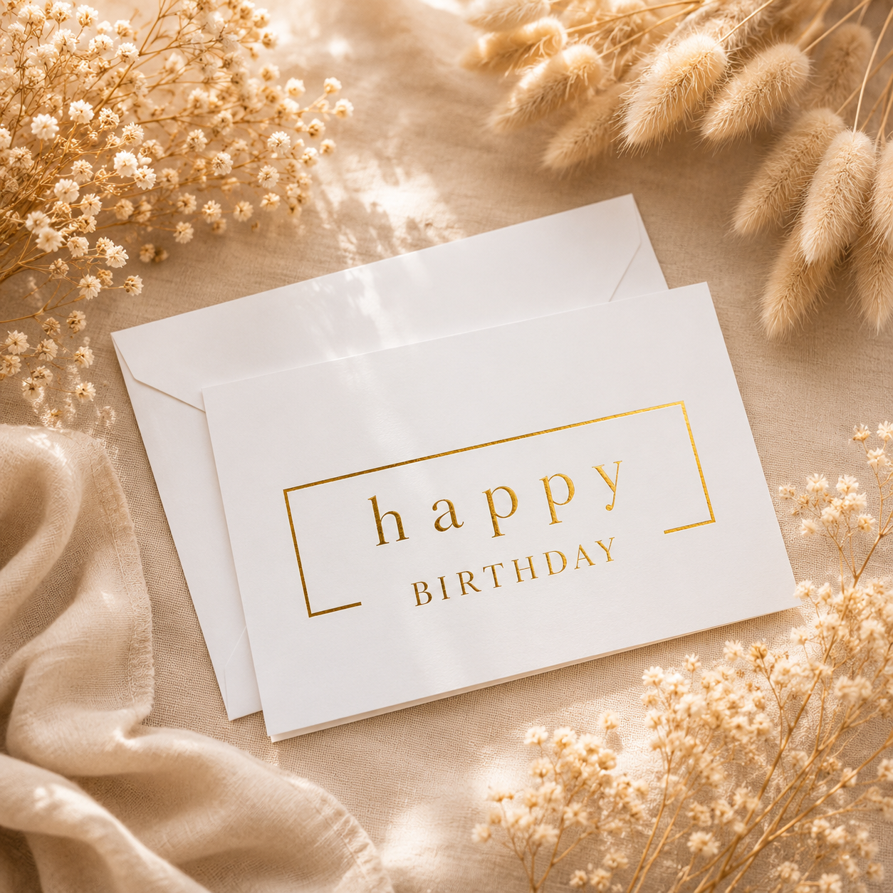 A white square birthday card with gold foil text reading 'happy BIRTHDAY' inside a thin gold rectangular border, placed on top of a matching white envelope. The card is styled in a flat lay with dried flowers and soft beige fabric around it.