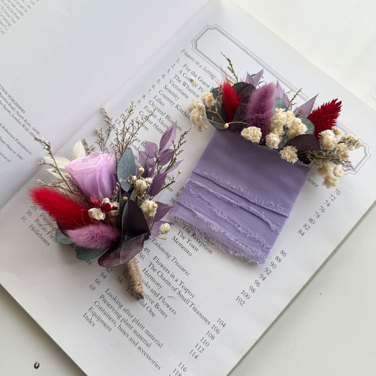Lilac and burgundy preserved flower wrist corsage with lavender rose, eucalyptus and dried flowers for weddings and formals