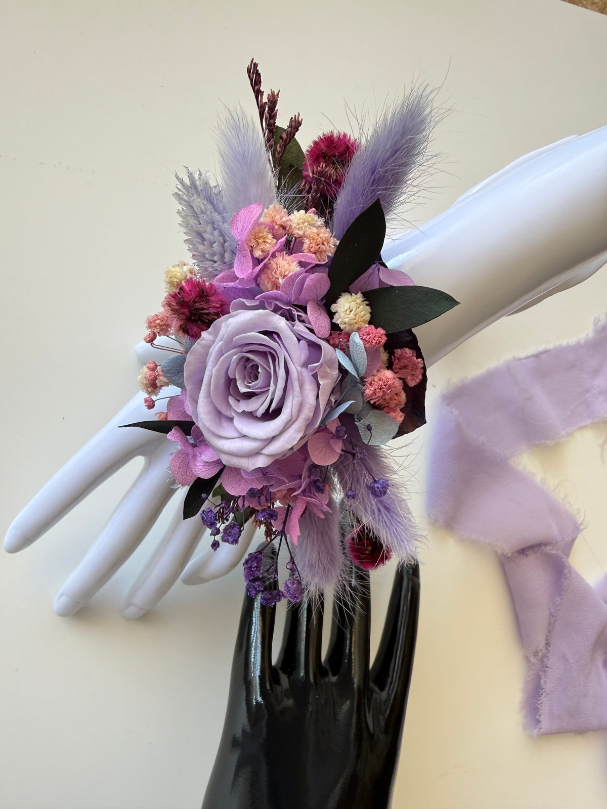 Lilac and purple preserved flower wrist corsage with lavender rose, hydrangea and delicate dried flowers for weddings and formals