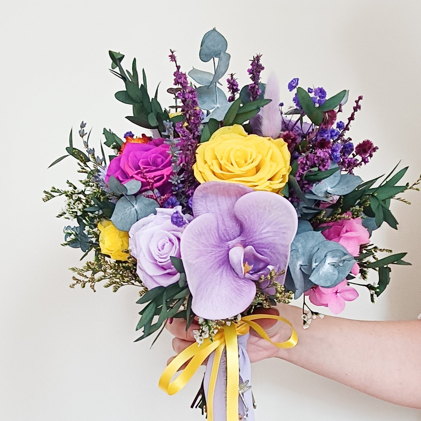 lilac and magenta dried wedding flowers