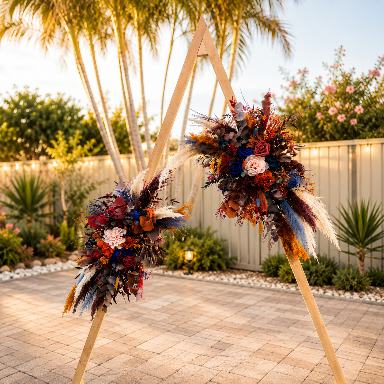 Dried wedding arch flowers in burgundy, terracotta, navy blue and blush tones displayed on a wooden triangle wedding arch