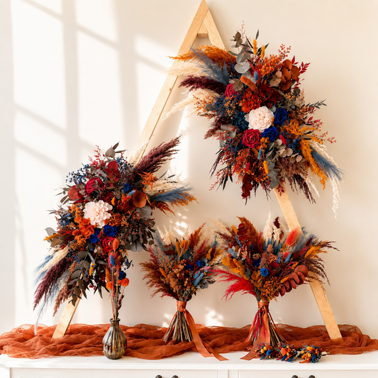 Complete dried wedding flower set in burgundy, terracotta and navy blue tones