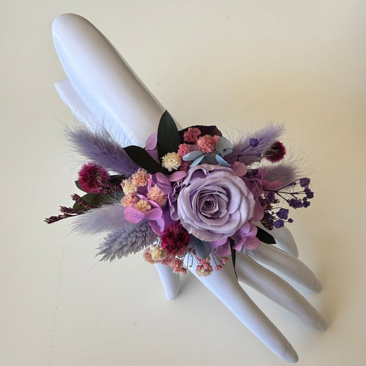 Lilac and purple preserved flower wrist corsage with lavender rose, hydrangea and delicate dried flowers for weddings and formals