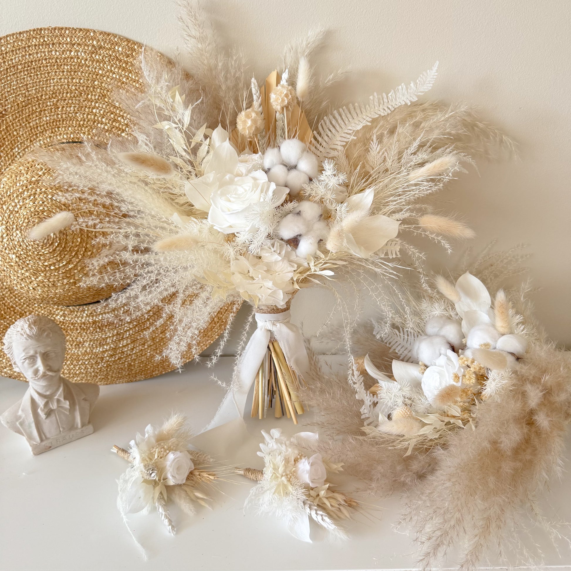Neutral beige dried flower wedding bouquet with pampas grass and cotton accents