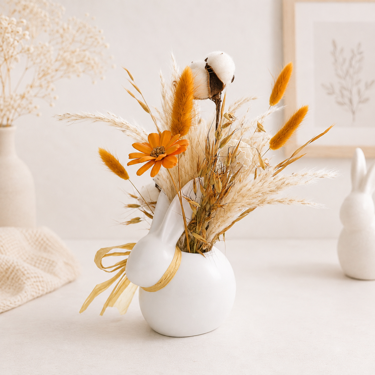 Orange and white dried flower arrangement with cotton stems displayed in a white ceramic vase