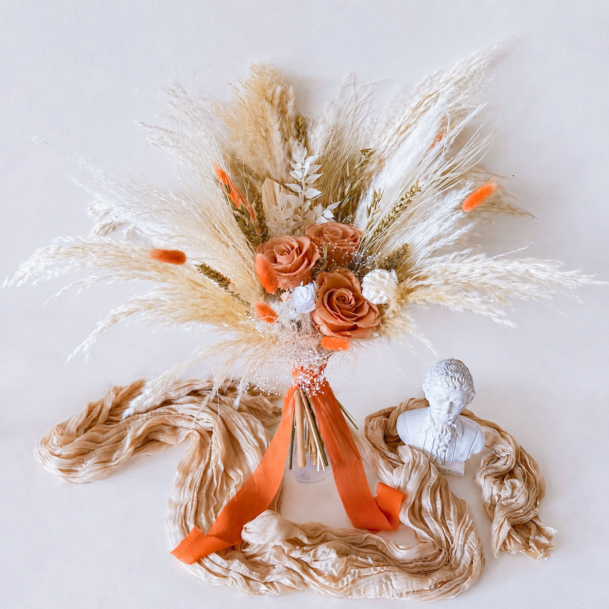 pampass bridal white and peach bouquet
