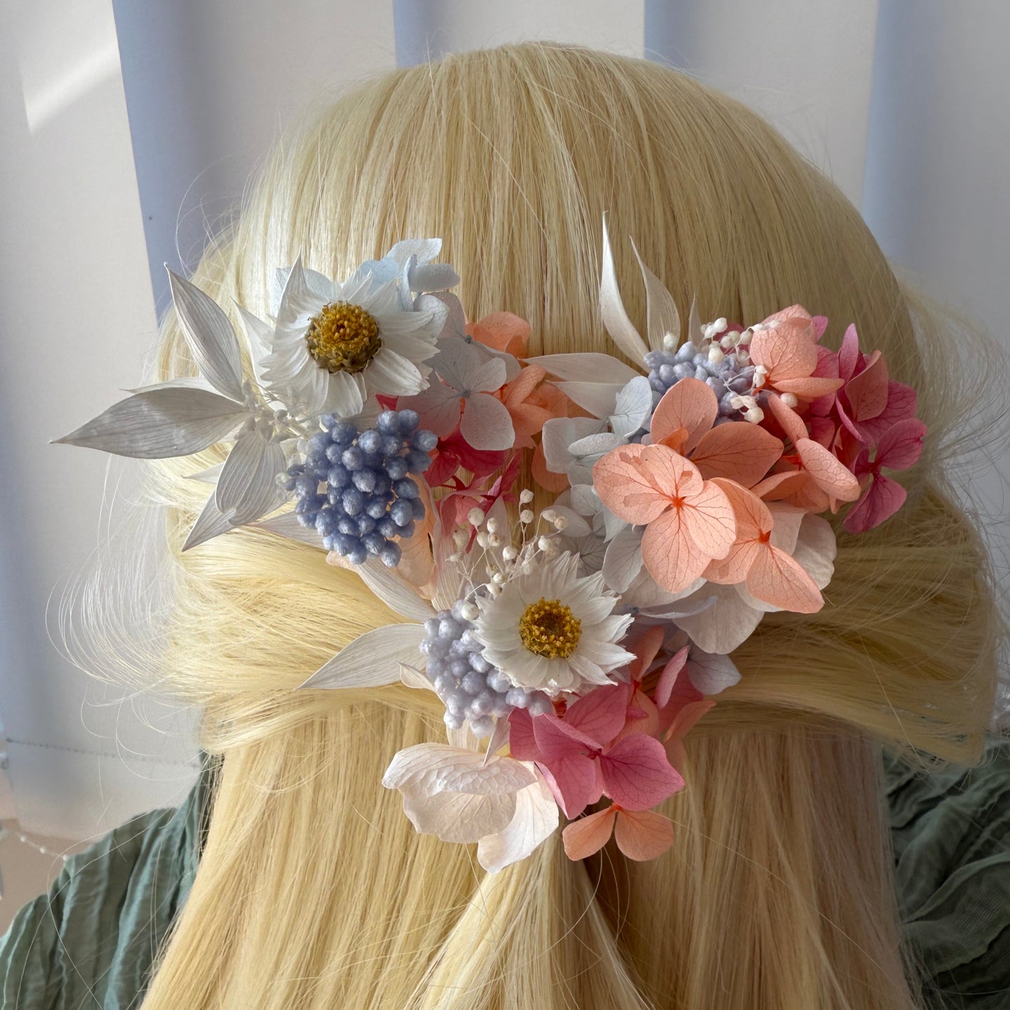 Pastel wedding hair pins with peach and blue flowers, handmade floral accessories for bride