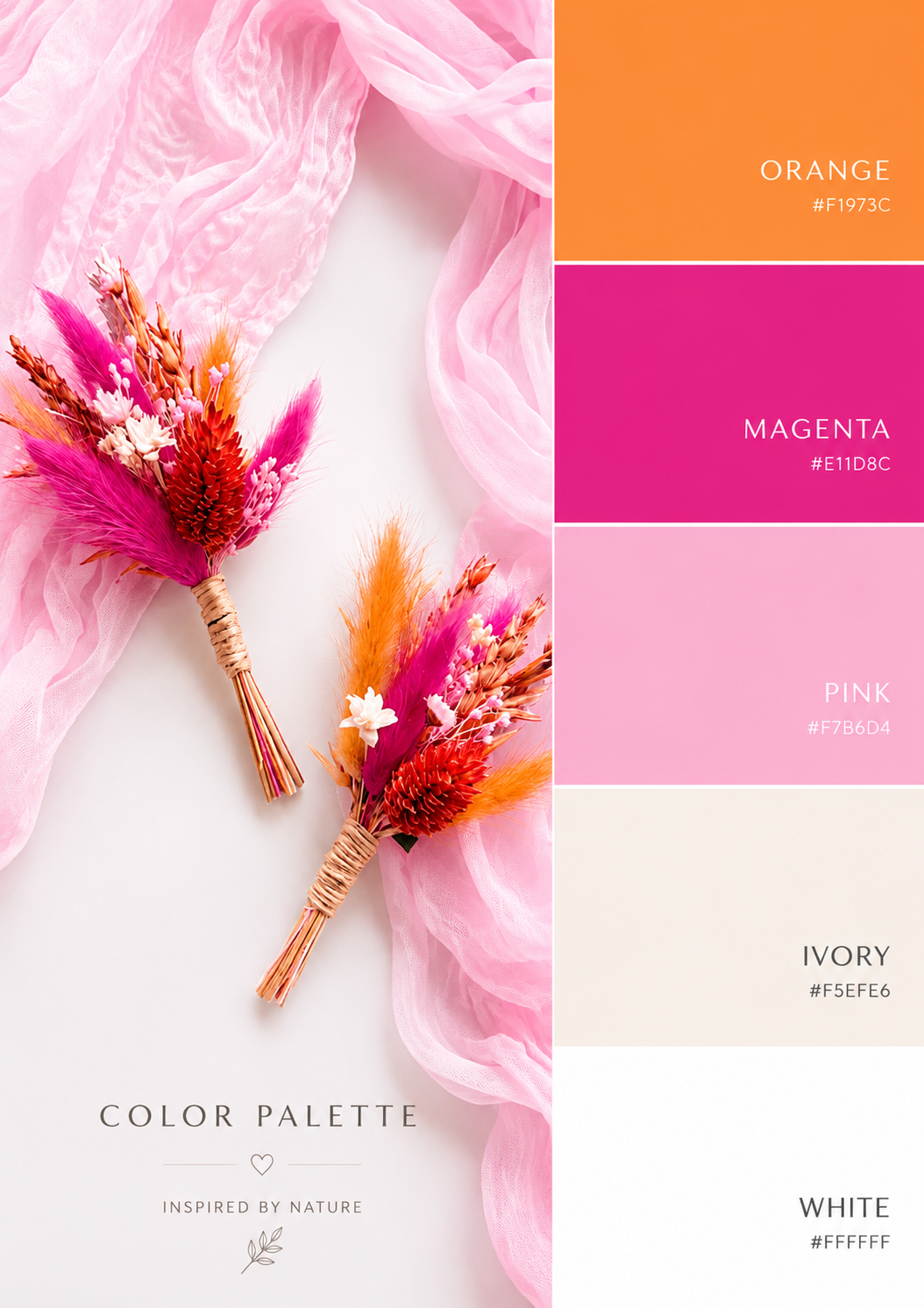 Wedding colour palette featuring blush pink, hot pink, orange, teal and beige tones inspired by dried flower boutonnieres and preserved floral arrangements.
