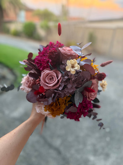 Dusty Pink and Maroon Bridal Bouquet with Preserved Roses, Hydrangea and Eucalyptus