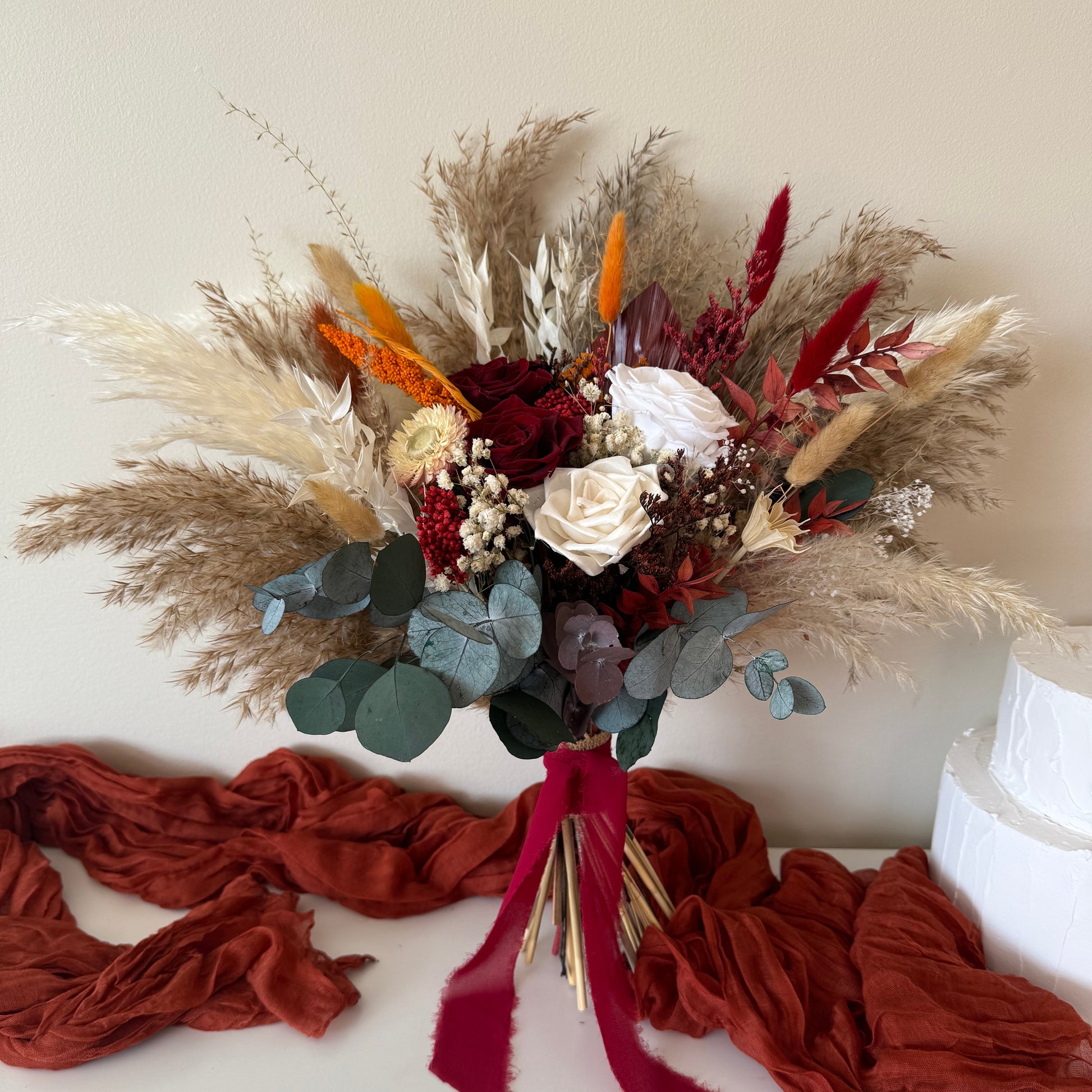 Crisp, front-facing studio shot of the keepsake dried wedding bouquet, perfectly arranged for a sophisticated, low-maintenance bridal look. Available for delivery across Australia