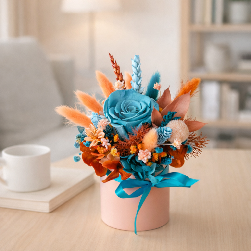Handmade preserved flower arrangement with blue rose and dried flowers on table home decor