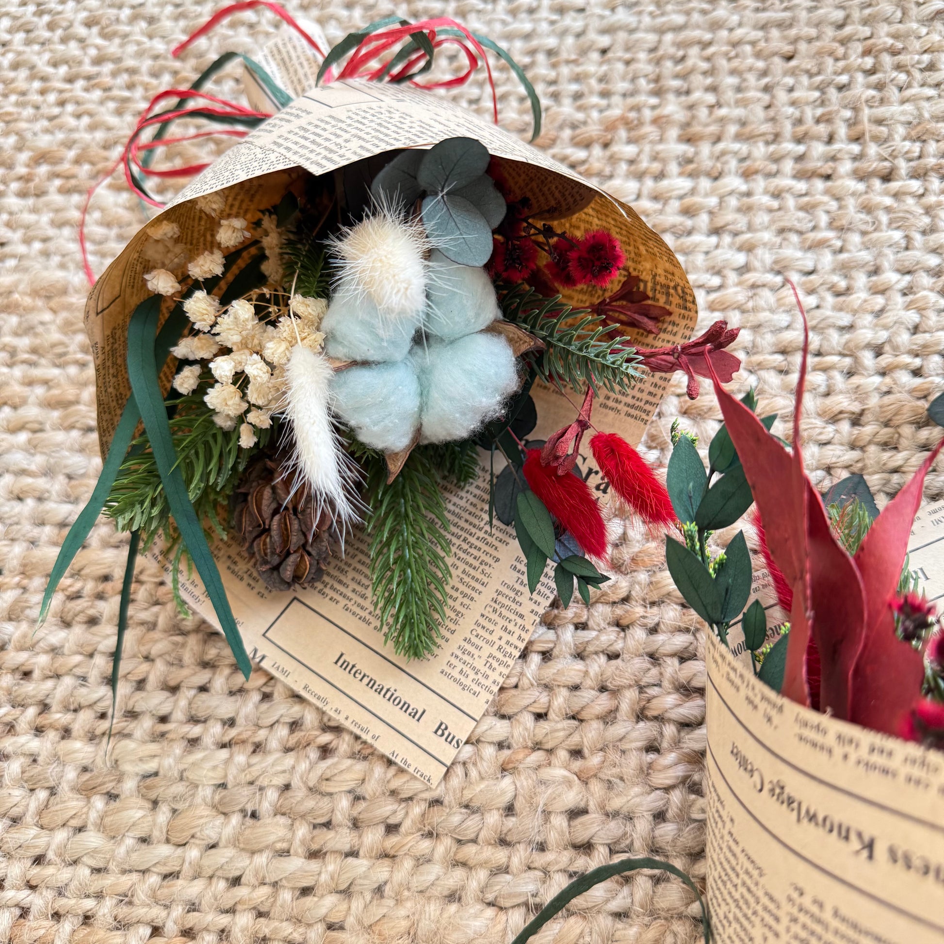 Christmas mini bouquet with natural dried florals and artificial pine — perfect for festive home décor or gift