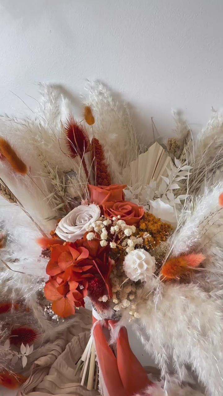 Boho terracotta bridal bouquet made with pampas grass and preserved flowers