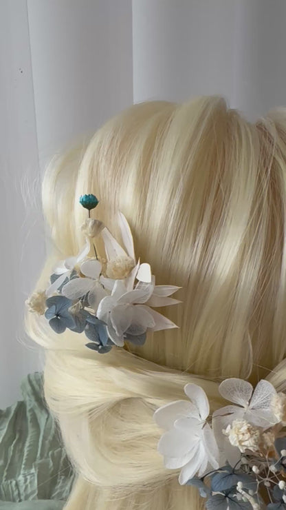 Floral Hair Pins in Ivory & Dusty Blue