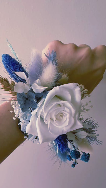 dried Floral Wrist Corsage on hand