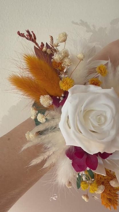 Corsage Flower In Burgundy Orange & Green