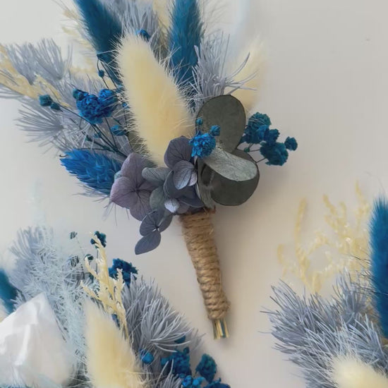 Dusty Blue Dried Boutonniere Set – Boho Wedding Accessories