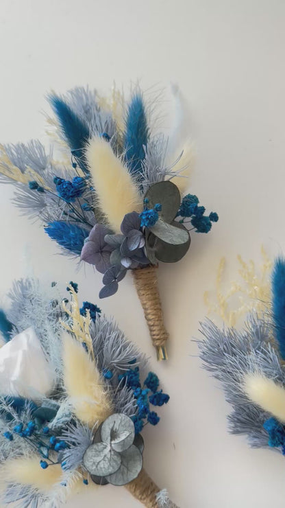 Dusty Blue Dried Boutonniere Set – Boho Wedding Accessories