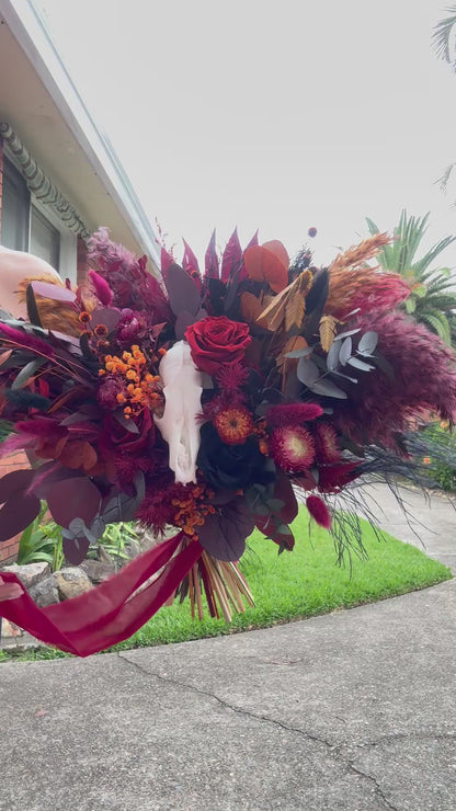 Gothic Skull Wedding Bouquet – Burgundy & Black Dried Bridal Bouquet, Alternative Boho Wedding Flowers