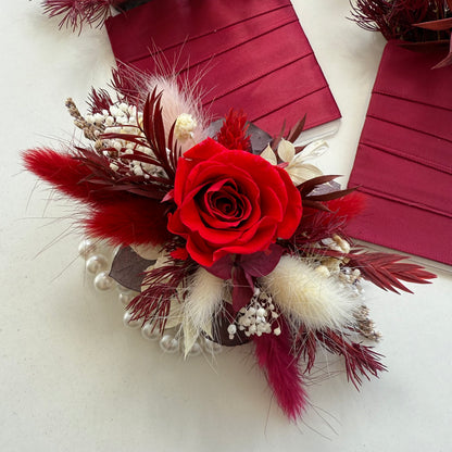 Red and ivory dried flower arrangement with sola roses, ruscus and phalaris, beautifully presented in a square gift box — perfect Valentine’s or anniversary gift.