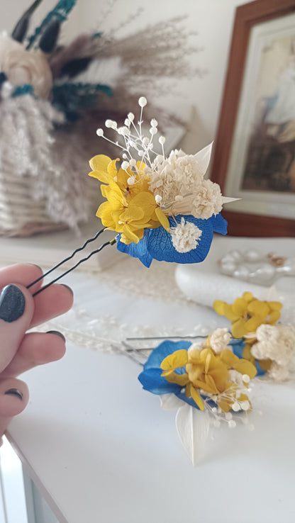 Set of 5/10 Blue & Yellow Floral Hair Pins